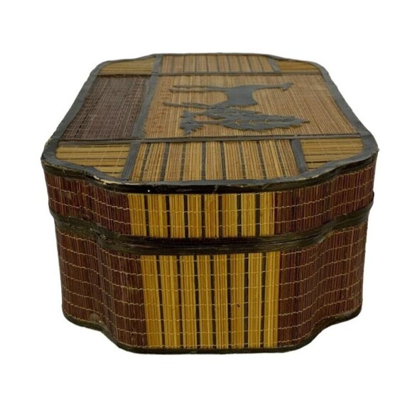 Bamboo Wooden Trinket Stash Box Deer Trees Silhouette Natural Boho Wood Vtg 70s - Picture 4 of 10